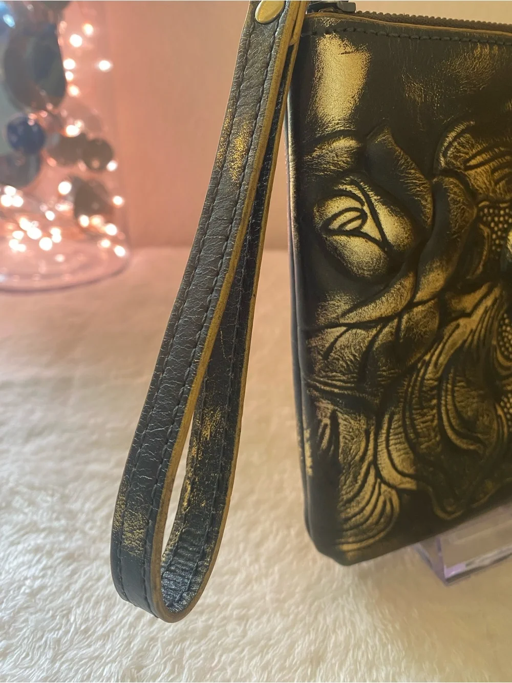 Patricia Nash Metallic Gold-Black Floral Wristlet - Large - Like New